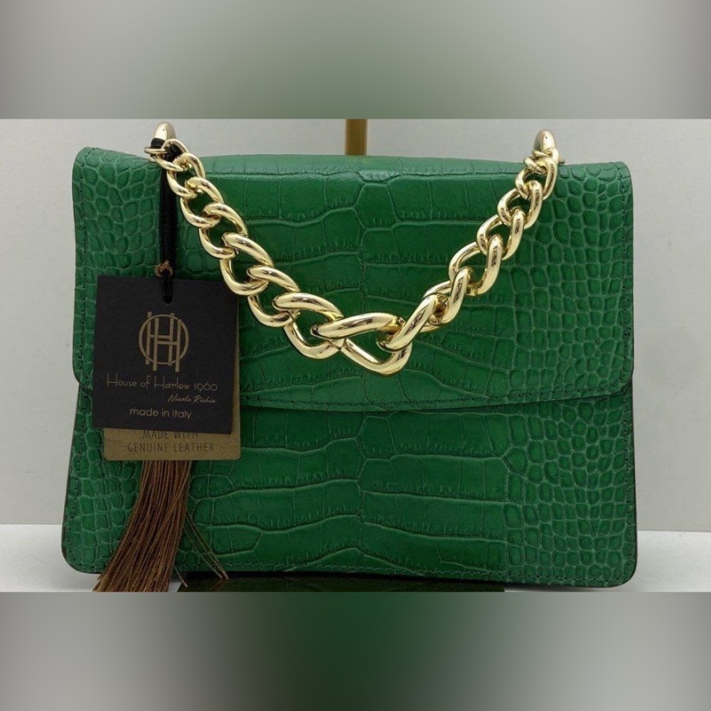 House of Harlow 1960 Green Croc-Embossed Shoulder Bag with Gold Chain